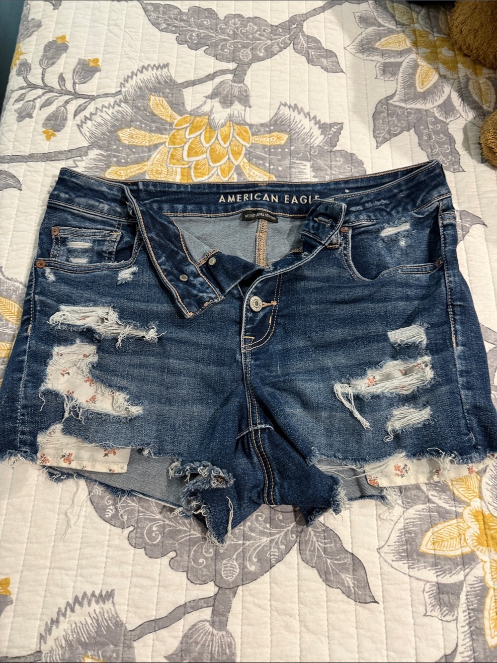 American Eagle Outfitters Dark Blue Distressed Denim Shorts with Floral Patch